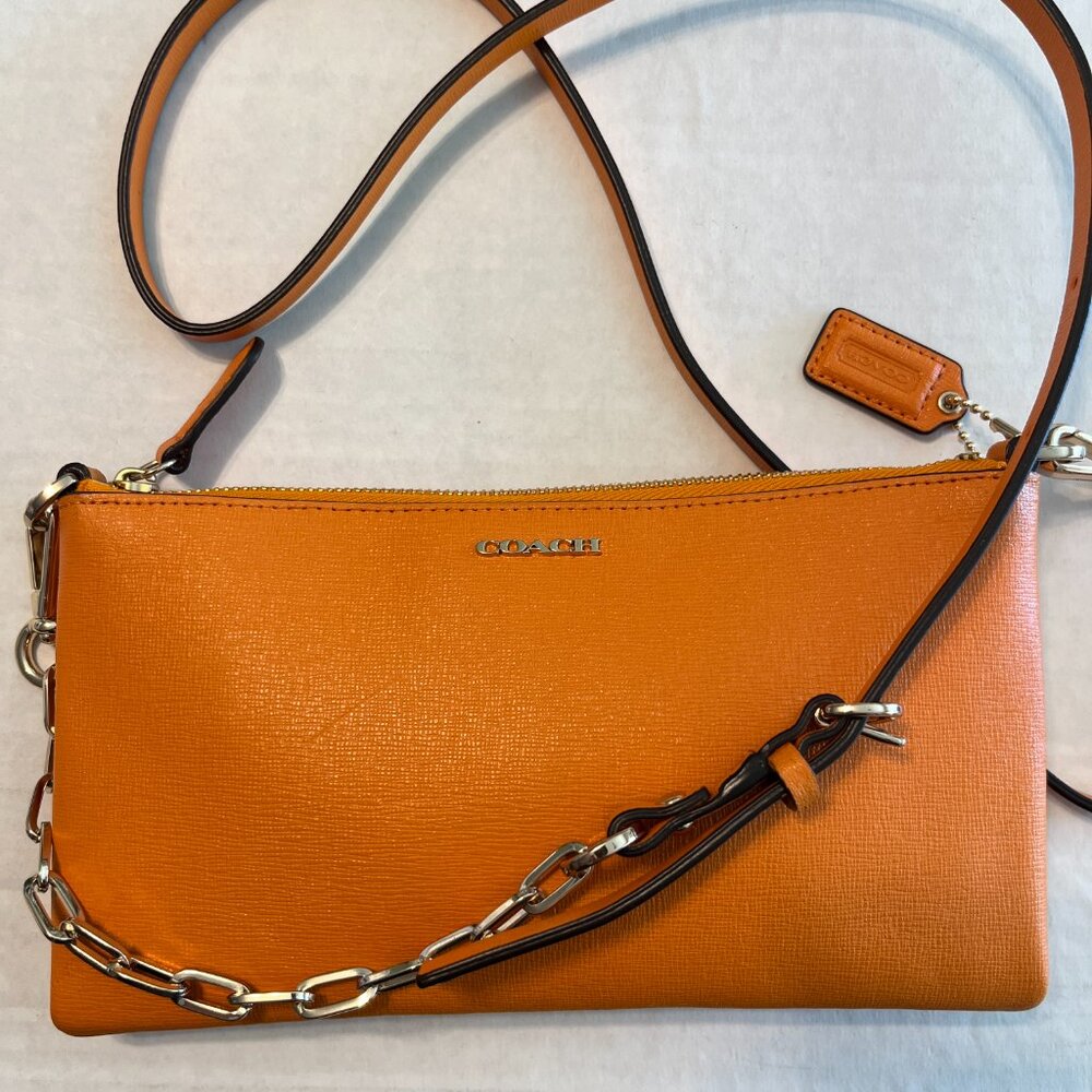 COACH Kylie Crossbody, Clutch. Embossed Saffiano Leather, Poppy Orange